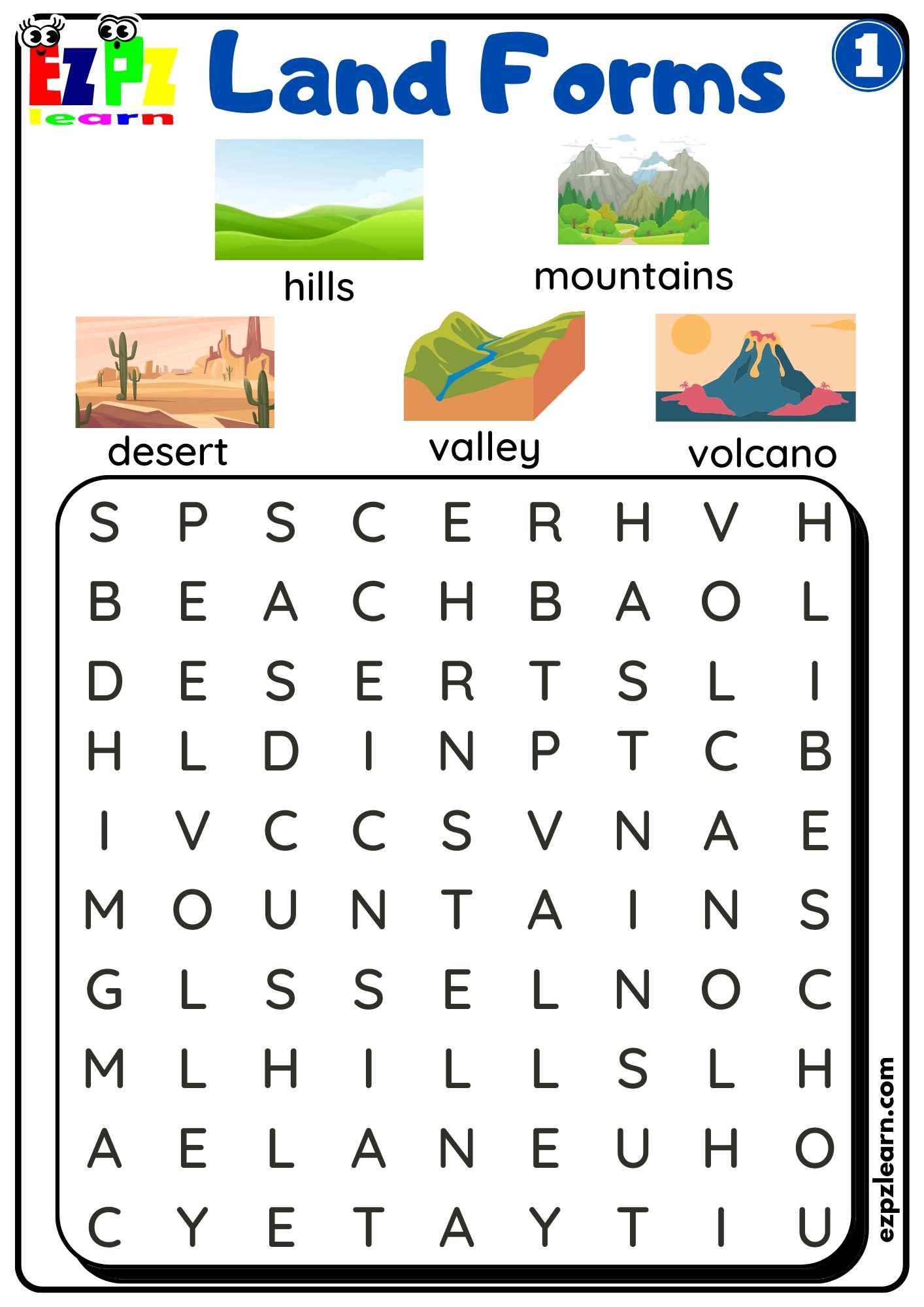 Land and Water Forms Word Search Activity Free PDF download set 1